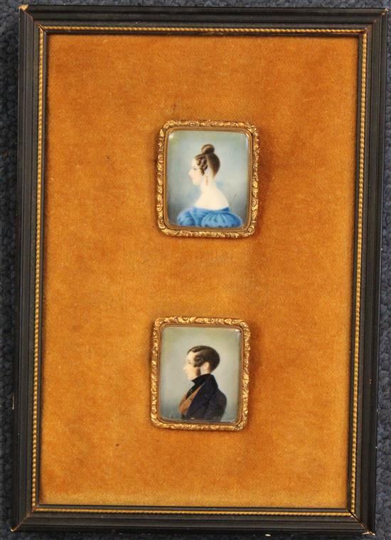 Victorian School Miniatures of a lady and gentleman, half length in profile, 1.25 x 1in., gilt brooch frames